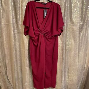 Boohoo Plus Twist Front Split Midi Dress Berry Maroon Size 18 NWT